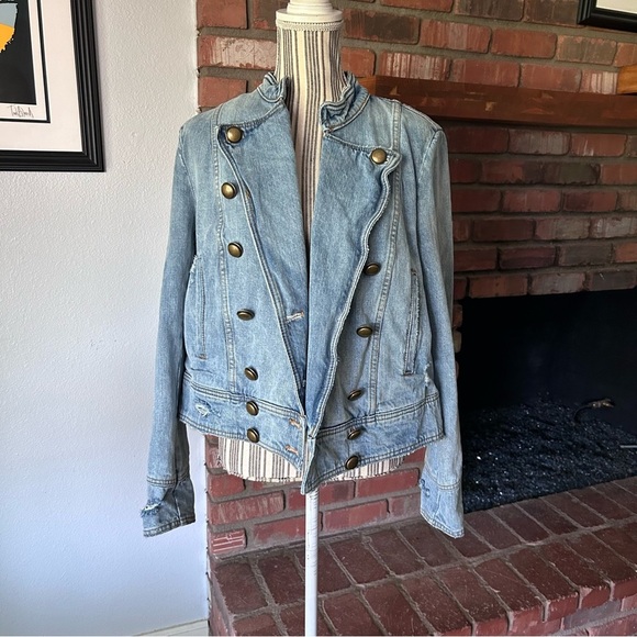 Free People Ferry Military Denim Jacket Medium Wash Sz L - Picture 2 of 8